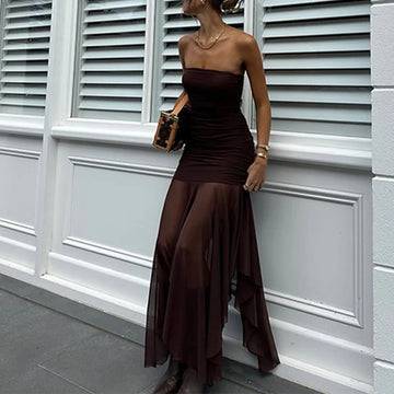 MQTIME  -  Women Sexy Strapless Mesh Patchwork Irregular Hem Party Long Dress Pleated Tight Backless Club Sleeveless Summer Vestidos